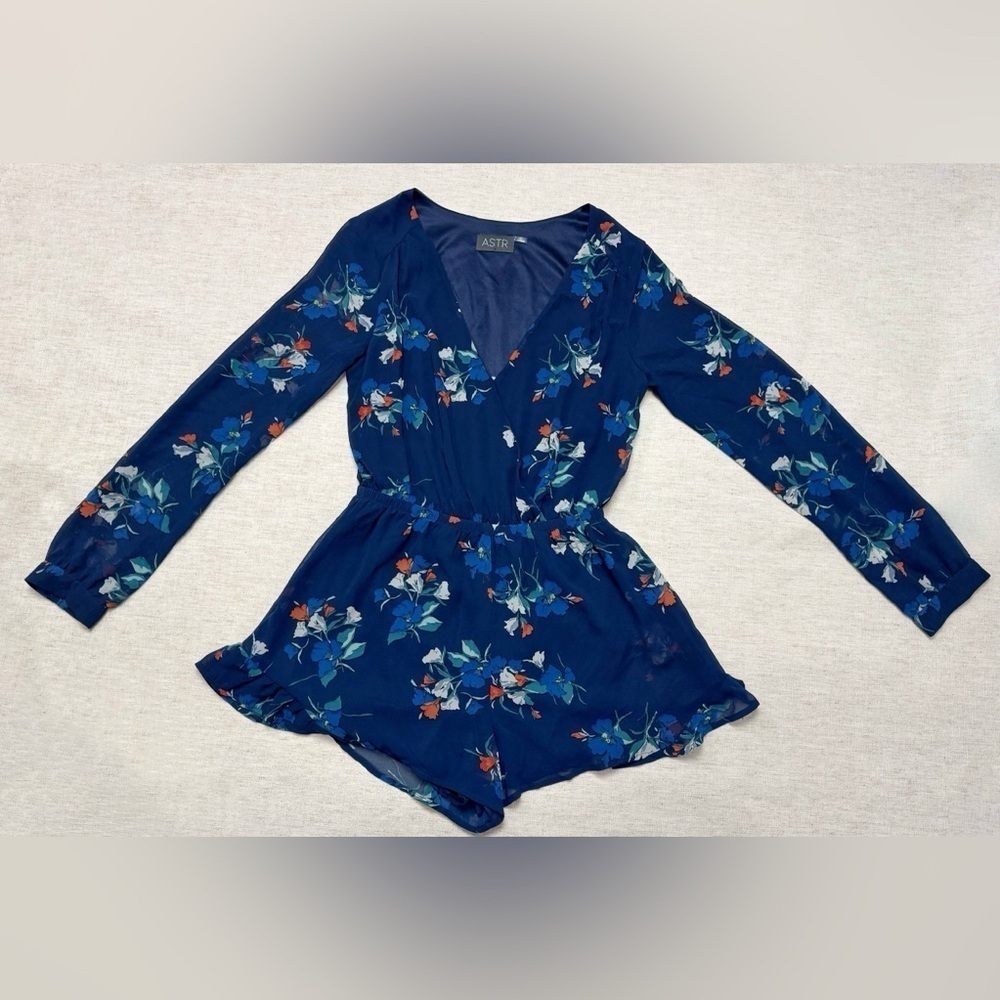 ASTR Women Navy Blue Floral Romper Small Chiffon Flowy Prairie Core Fairy Whimsy